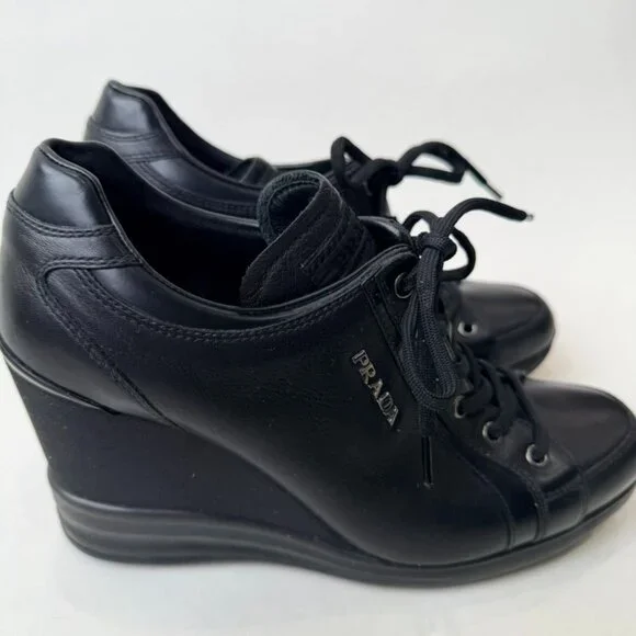 Prada Sport Leather Wedge Sneakers Black Women’s Size 37.5 - Picture 4 of 11